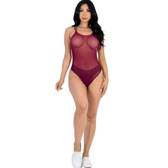 Capella Tops - NEW Capella Medium Sheer Burgundy Bodysuit Soft Mesh Crisscross Back Holiday